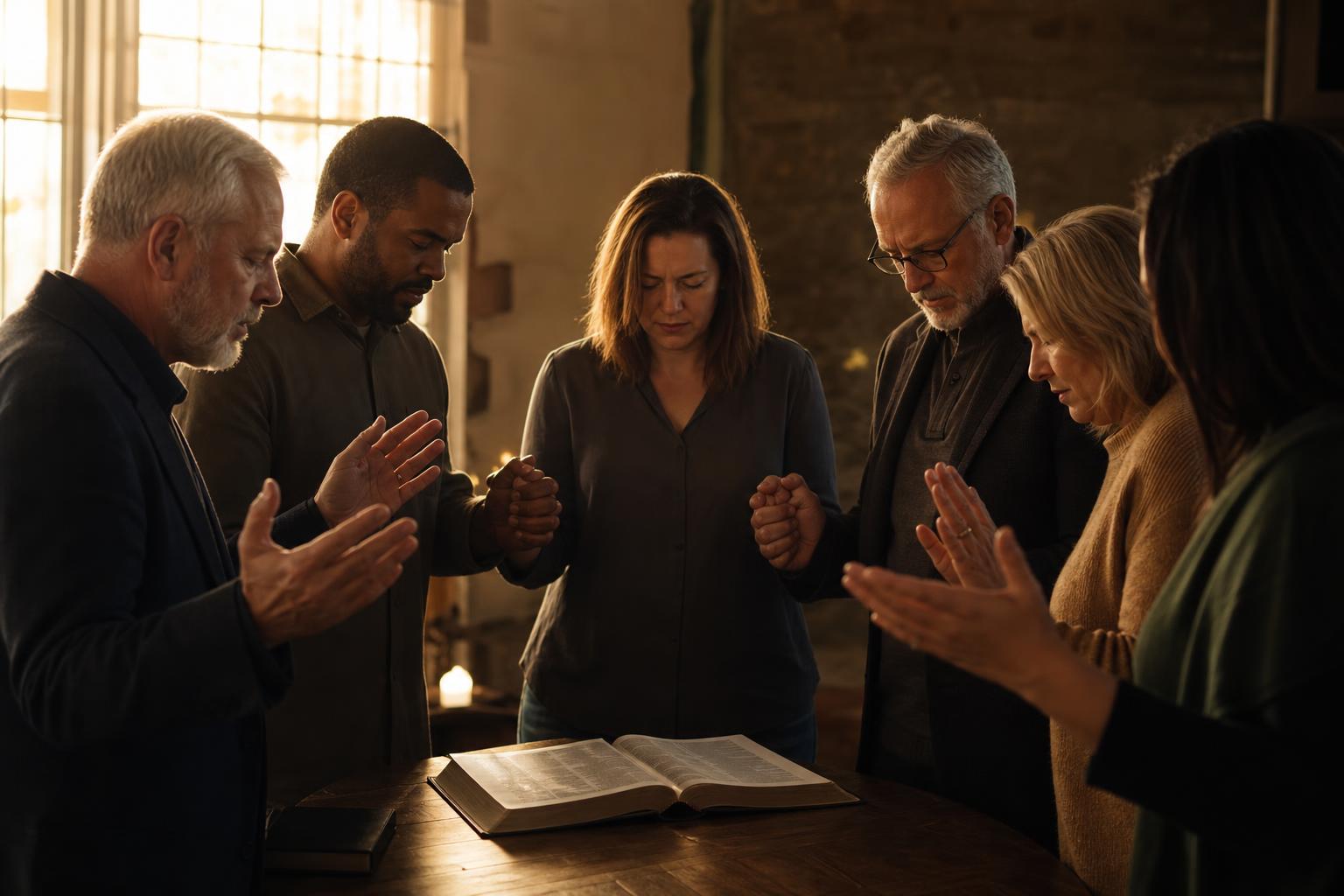 Diverse hands joined in prayer over an open Bible