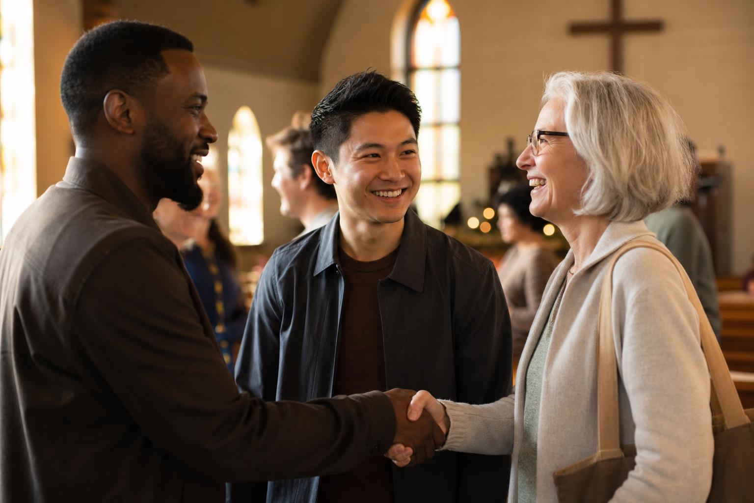 New members being warmly welcomed into a church community